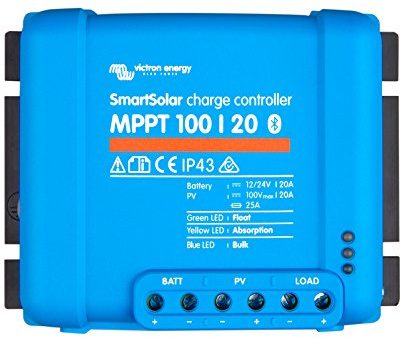 Victron SmartSolar MPPT 100/20 20A solar charge controller for solar panels up to 290W (12V) / 580W (24V) and up to 100V. With inbuilt Bluetooth for advanced system monitoring and programming.