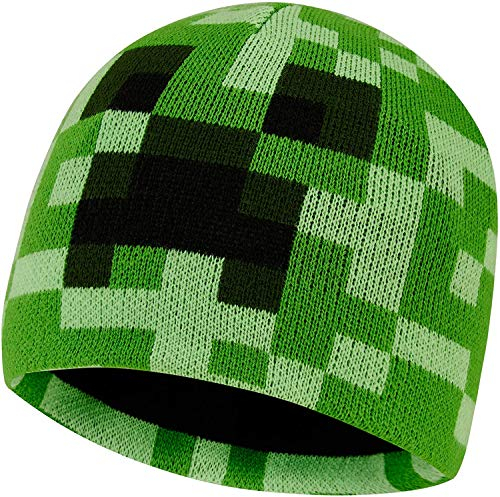 Minecraft Beanie Mütze Jungen, Gefütterter Bucket Hat Winter oder EIN Handschuhe und Mütze Set Geschenke für Gamer (Grün Mütze, S/M)