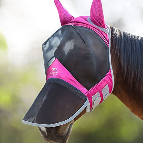 Harrison Howard CareMaster Pro Masque anti-mouches lumineux pour cheval - Grand espace pour les yeux avec oreilles - Protection UV pour cheval - Flamant rose - Taille L - Taille complète