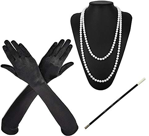 Daimay 1920s Damen Gatsby Kostüm Accessoires 20er Jahre Flapper Kostüm 3 Stck Perlenkette Satin Handschuhe Zigarettenspitze - Schwarz