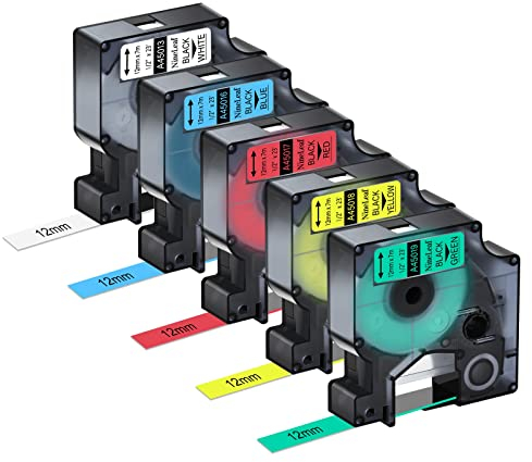 NineLeaf 5 x Kompatibel für Dymo D1 Schriftband 12mm x 7m 45013 45016 45017 45018 45019 Etikettenband für LabelManager 160 280 100 210D 360D 420P 450D PnP, Schwarz auf Weiß/Gelb/Rot/Grün/Blau