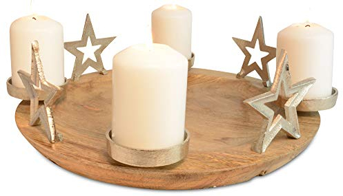 Riffelmacher Adventskerzenhalter Runder Teller mit Sternen 70338 - Natur Silber 38x13cm - Adventskranz Mangoholz