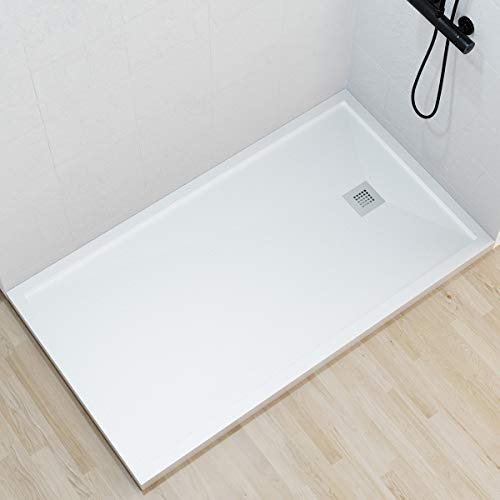 Plato de ducha con borde hecho a mano de Marmoresina, color blanco, efecto piedra pizarra, serie Madrid, slim 3 cm, revestido de Gelcoat, antideslizante, blanco