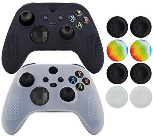 Funda para controlador de la serie Xbox, Hikfly compatible con Xbox Series X/S Controller Grips Case antideslizante Studded Silicone Controller Cover x2 con 8 tapones para pulgar (negro, blanco)