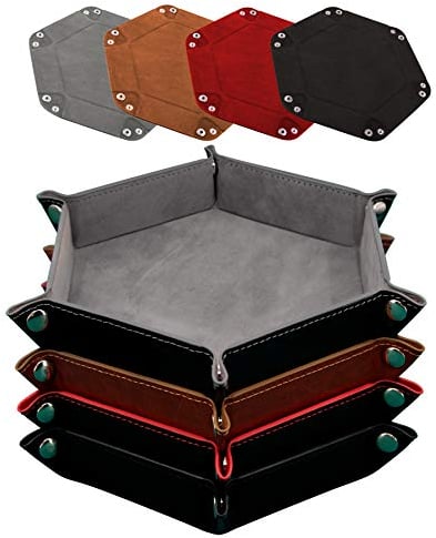 SIQUK 4 Stück Würfelbretter Leder und Samt Würfelteller, 4 Farbe Würfeltablett Hexagon Würfelteller Leder Würfelbretter für RPG DND Dragons Würfel Gaming (Gris, Chameau, Rouge, Noir)