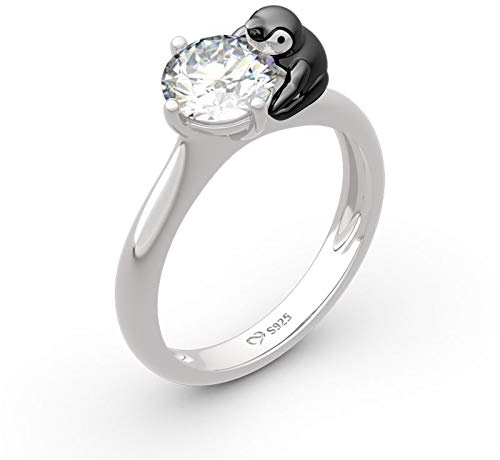 Jeulia Halten Sie Ihren coolen Pinguin im runden Schnitt aus Sterlingsilber Ring Mode Jubiläum Versprechen Verlobung Ehering Set für Sie mit Geschenk Schmuckschatulle