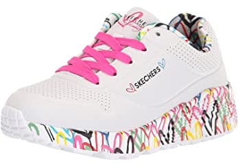 Skechers Fille Uno Lite Lovely Luv Basket, Blanc Synthétique H Bordure Rose, 38 EU