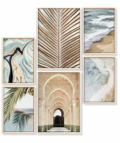 Heimlich® Premium Poster Set OHNE Bilderrahmen | 2 x DIN A3 & 4 x DIN A4 - ca. 30x42 & 21x30 | Stilvolle Poster Collagen mit passenden Bilder als Wanddeko » Goldene Palme Strand «