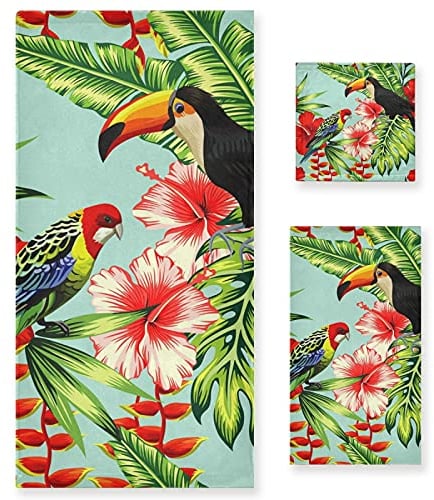 Vnurnrn Tropischer Vogel Tukan Papagei Handtuchset für Badezimmer(1 Badetuch & 1 Handtuch & 1 Waschlappen) Geruchsresistente Handtücher für Mädchen Kinder