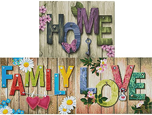 Abillyn Stickerei-Kreuzstich-Set, Holzschild, Haus und Liebe und Familie, 3 Stück, gestempelt mit gedrucktem Muster, Starter-Set (Home & Love & Family 3er-Pack)