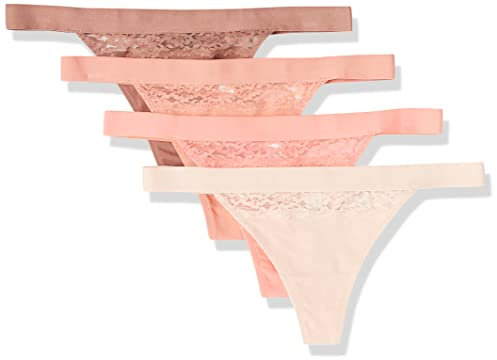 Amazon Essentials Tanga de Tira en Algodón y Encaje Mujer, Pack de 4, Rosa Asalmonado/Marrón/Rosa Magenta Claro, 36