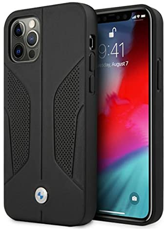 CG MOBILE BMW Handyhülle für iPhone 12/12 Pro in Schwarz mit perforierten geschwungenen Seiten, echtes Leder, schützende & langlebige Hülle mit einfachem Snap-on, Stoßdämpfung & Signatur-Logo