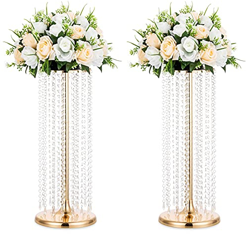 Nuptio 2 Stücke Blumenständer Hoch Gold 60cm Kristall Hochzeit Mittelstücke Vase Metall Blumen Vasen für Party Tischdekorationen Elegante Massenhochzeiten Dekoration Tischleuchter Mittelstück Steht