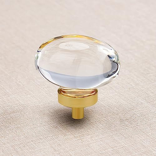 CLCTK 8 Pack Glass Cabinet Knobs and Pulls, Oval Crystal Knobs for Dresser Drawers, Satin Brass/Gold Kitchen Cabinet Pulls Egg Shape