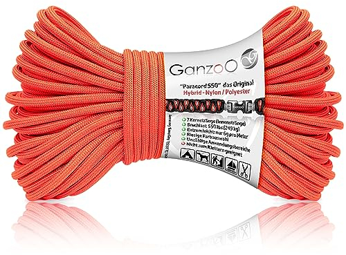 Ganzoo Paracord 550 Seil neon orange, 4mm, Typ 3, Nylon Polyester, Hybrid, Armband, Hunde-Leine, Hunde-Halsband knüpfen, ca. 250kg Bruchlast, Outdoor Rope, Camping Schnur, Allzweckseil, 30 Meter