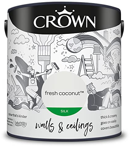 Crown WALLS & CEILINGS Warm White Silk Emulsion Paint 2.5L | Washable Fresh Coconut light reflecting sheen. Wipeable on walls & ceilings. Ideal for halls, kitchens & bathrooms. Low VOC