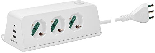 VIMAR 00609.CC.B Presa multipla da scrivania con interruttore e cavo 2m, 3 uscite SICURY universale standard italiano, 2 uscite USB A e 1 USB C, ricarica induttiva 10 W, spina 16A, bianco
