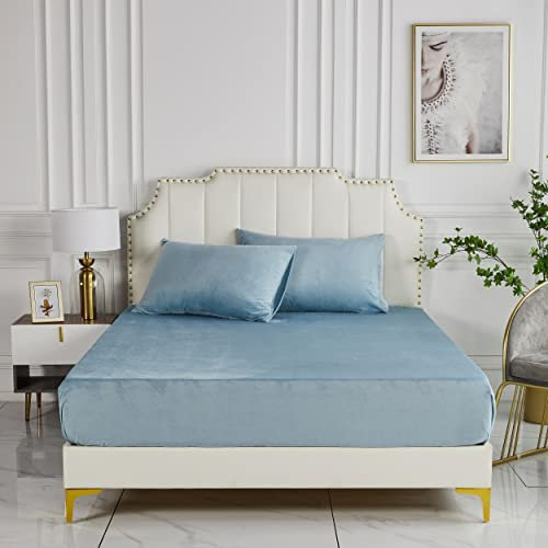 Damier Plüsch Spannbettlaken 90x200x30cm Blau Hellblau Winter Warme Flauschige Bettlaken Cashmere Touch Spannbetttuch Geeignet für 30cm Matratze