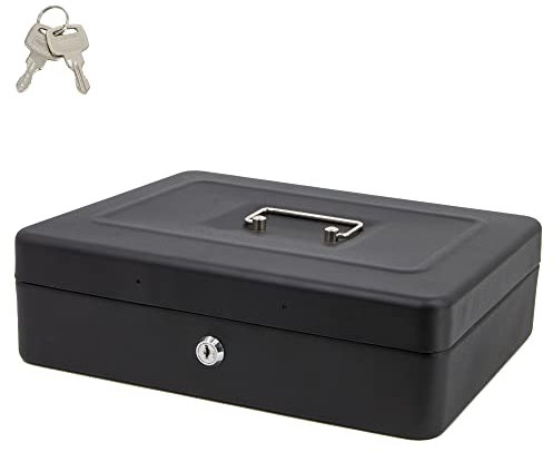 Time to Sparkle 12 inch Small Lock Box Money Safe with Tray for Cash Metal Saving Box Lock and Key with Stainless Steel Handle 22 * 30 * 9cm Matt Black