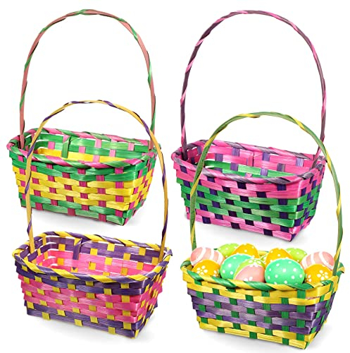Rechteckige Osterkörbe, gewebter Bambus-Osterkörbe mit Griffen, mehrfarbiger Korb für Ostergeschenke, Eiersuche, Picknick-Partyzubehör, 8,9 x 21,8 x 21,6 cm, 4 Stück