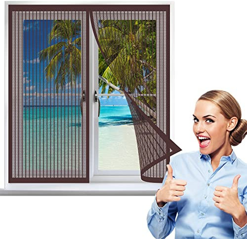 Zanzariera Magnetica Finestra 125 x 115 cm, Zanzariera a Maglie, Pieghevole Totalmente per Finestra, Marrone