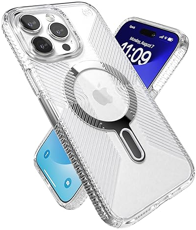 Speck Transparente Schutzhülle für iPhone 15 Pro Max – ClickLock-Anti-Rutsch-Interlock, gebaut für MagSafe, Fallschutz, Kratzfest, vergilbungsfrei, 17,5 cm (6,7 Zoll), Presidio Grip transparent/Chrom