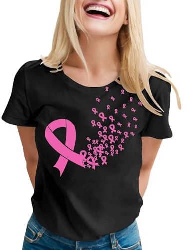 pvucpot Cancer du Sein d'Octobre T-Shirt, Femme Cancer du Sein Octobre Rose Ruban Arc-en-Ciel T-Shirt Pas Cher Haut Femme Chic et Elegant Grande Taille (03 Noir, XL)