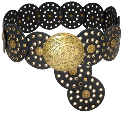 Buywis Wide Disc Belt for Women Boho Disk Concho Leather Belts Western Waist Belts for Dress 115CMBlack