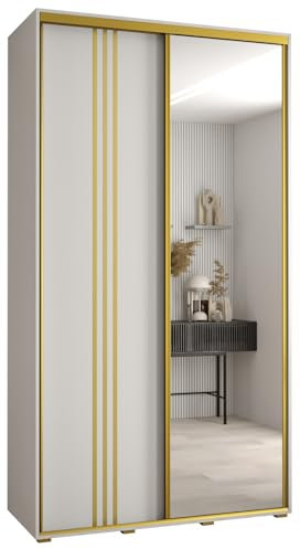 MEBLE KRYSPOL Davos 7 140 Schlafzimmerschrank mit Zwei Schiebetüren - Moderner Aufbewahrungsschrank mit Spiegel, Kleiderstange und Regalen - 235,2x140x60 cm - Weiß Weiß Gold