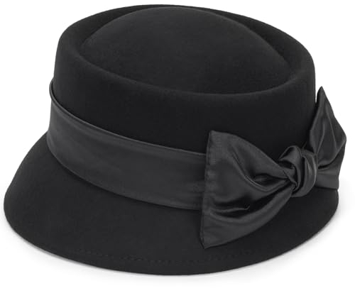 HilyBony Damen Pork Pie Hut Gatsby Wolle Glockenhut mit Schleife für Kirche Darby Cap, Schwarz mit Schleife, M