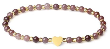 MetJakt Handgemachter Naturstein Perlenarmband 4MM Mini Stretch Armband Energiearmbänder 18k vergoldet Herz Armbänder für Damen Damenschmuck Echtes (Lila Aventurin)