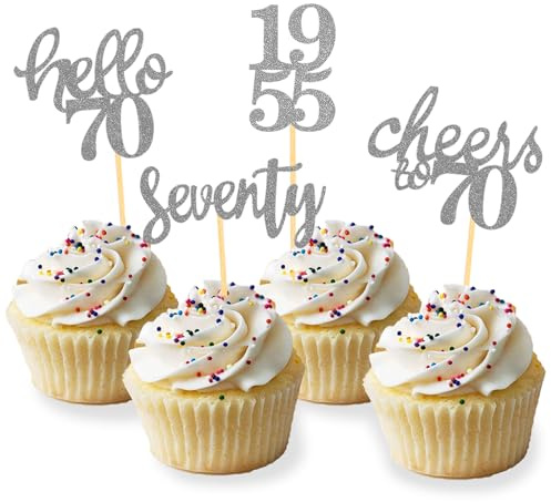 24 Pcs Glitter 70th Birthday Cupcake Toppers for Celebrating 70th Birthday Party Decorations for Seventy Years Old Birthday Party Supplies (Silver)