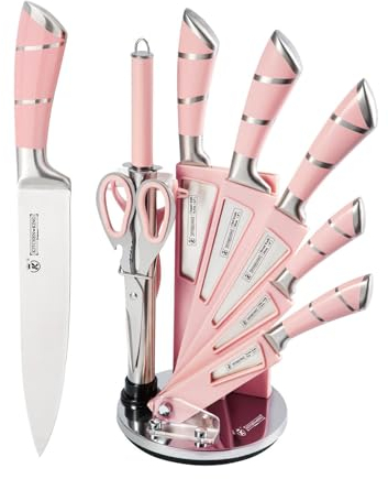 Kitchen Knife Set, 9 Piece Professional Kitchen Set with 360 Degree Rotating Acrylic Stand, Stainless Steel Sharp Chef Knives Set with Ergonomic Handle, Knife Set with Block