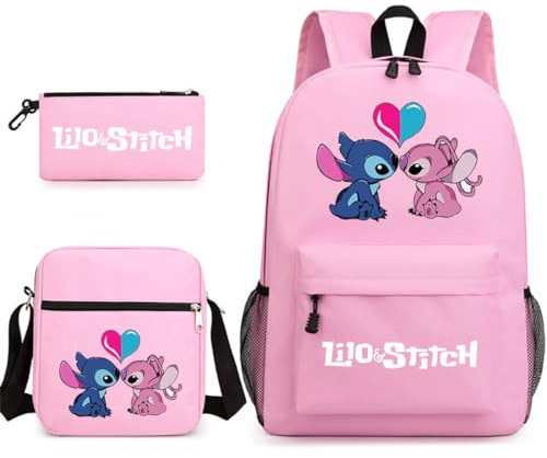 Lot de 3 sacs pour enfants - Trousse, sac à dos et sac à bandoulière pour l’école - Pratiques et tendance - Adaptés pour les adolescents et les étudiants - Motif Stitch, Rose 2., Taille unique,