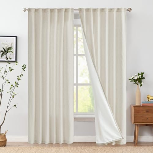 Vangao Gardinen Leinen Vorhänge mit Futter 140Bx210H(cm) Länge für Wohnzimmer Schlafzimmer Landhausstil Bauernhaus Modern Lichtfilterung Fenster Vorhang mit verdeckten Schlaufen 2 Panel Natur