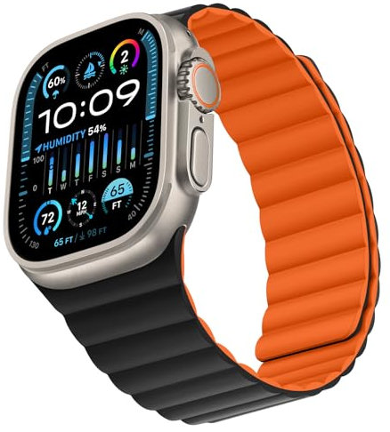 Bisikor Compatibile con Cinturino Apple Watch 49/46/45/44/42/41/40/38mm, Cinturino Magnetico in Silicone Indossabile Due Lati per iWatch Ultra SE Series 10 9 8 7 6 5 4 (42/44/45/46/49, Arancio/Nero)