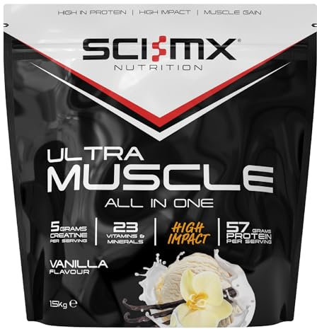 SCI-MX Ultra Muscle - Protein Powder for Muscle Development + 23 Vitamins & Minerals - Vanilla • 56g Protein + 5g Creatine + 7.8g BCAAs per Serving • 1.5kg
