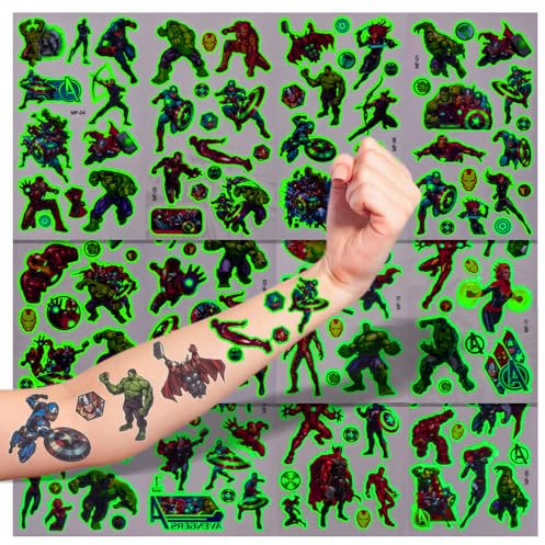 tattoo kinder Leucht spiderman marvel tattoo,12 Blätter Superheld Temporäre Leuchtende Tattoo Set Superman Tattoos Wasserdicht für Geburtstagsgeschenke Kindergeburtstag Mitgebsel