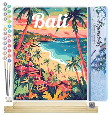 Figured'Art Peinture par Numéro Adulte avec Cadre Affiche de voyage Bali - Activité Manuelle Kit de Loisir Créatif DIY Numéro d'Art Complet - 40x50cm avec châssis en bois à monter