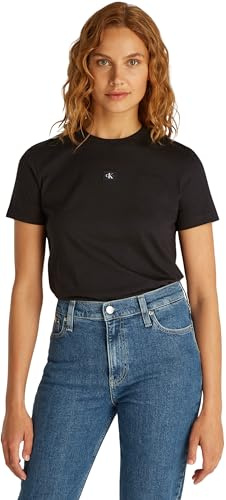 Calvin Klein Damen T-Shirt Kurzarm Woven Label Regular Tee aus Baumwolle