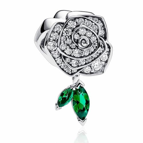MSPOVOF Funkelnde Rose in Blüte Charm Sterling Silber 5A Zirkonia Anhänger für Armband Halsketten Schmuck Geschenk für Damen Frauen