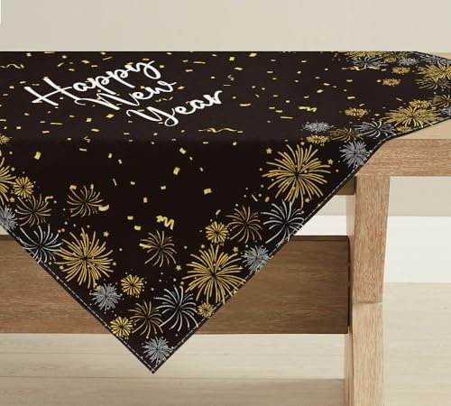 Artoid Mode Feuerwerkskörper Happy New Year Neujahr 2025 Tischdecke, Winter Tischwäsche Küche Tisch Drinnen Urlaub Party Dekor 100x100 cm