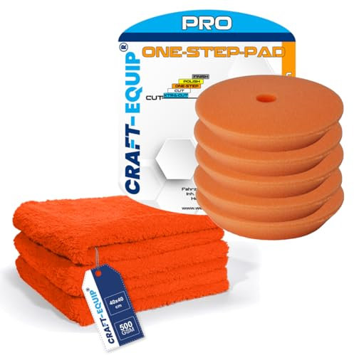 8er Sparpack Craft-Equip PRO Polierschwamm Polierpad mit Klettverschluss Made IN EU (8er Sparpack 80mm DA Polierschwamm ONE-Step ORANGE + Microfasertücher)