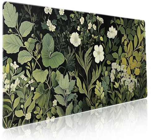 Green Leaves Mouse Pad XXL Botanical Plants Beige Floral Extended Table Mat 90X40 cm Non-Slip Rubber Base Stitched Edge Large Mousepad for Gaming Laptop Computer Desk Top 35.4×15.7 Inch