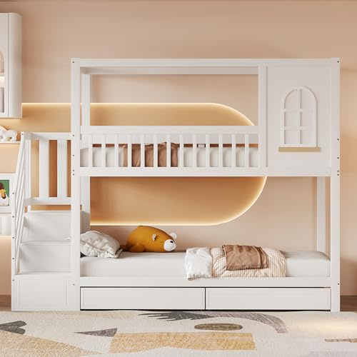 Moimhear Etagenbett Kinderbett 90x200cm, Massivholz Doppelbett, Hausform mit Fenstern, Sicherheitszaun-Design, Mit Aufbewahrungsschubladen und Sicherheitsleiter, Teenager-Bett (Weiß)