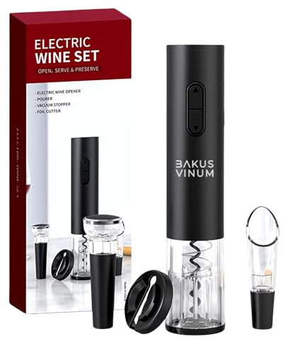 BakusVinum Sacacorchos Eléctrico Profesional, Abrebotellas 4 en 1 ideal para Regalo Hombre, Abridor botellas vino electrico (Sacacorchos versión Funcionamiento con Pilas - 4 en 1, diseño transparente)
