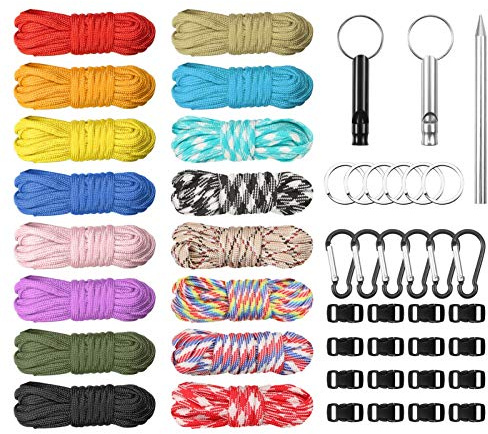 Meng Jiaran 160 Feet 16 Colors Paracord Cord with Buckles Keychain | Key Rings and 3 Piece Lacing Needle Stitching Needles Kit,Paracord Combo Crafting Kits