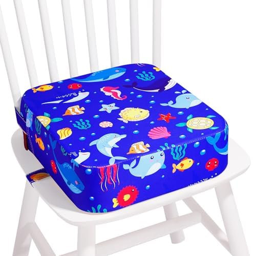 TOTIDYH SitzerhöHung Stuhl Kind, Tragbare Rutschfestes Sitzkissen Kinder, Waschbar SitzerhöHung Kinder Stuhl mit 2 Sicherheitsgurten, Zerlegbar StuhlerhöHung Kind(Ozean Welt)