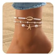 FloralGrace 3 Stück Shell Ankle Fußkettchen Perlen Muschelkette Fußkettchen für Damen,Muschel Ankle,mit Seestern Muschel Perlen Schmuck