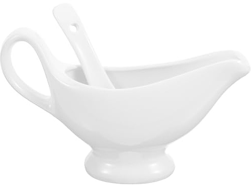 VILLCASE Salsiera da Tavola in Ceramica Bianca 175ml con Mestolo Profondo | Set 2 Pezzi, Design Antigoccia Anti-sversamento, Adatta a Cene di Lavoro e Ricezioni